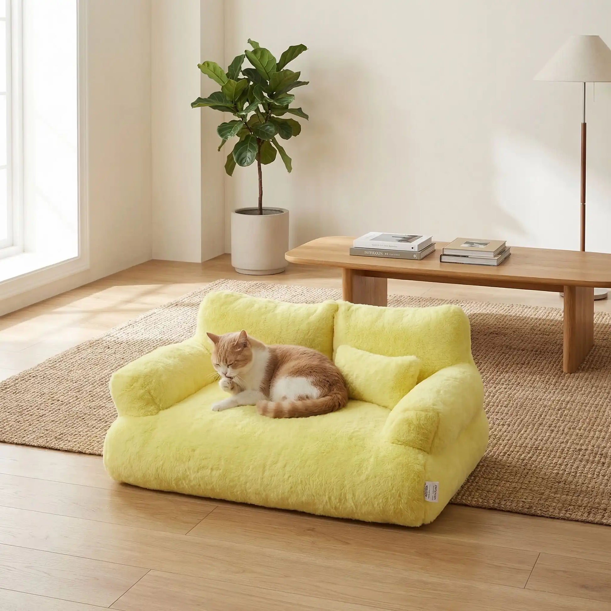 Canapé chat Jaune Soleil ConfoCanap avec chat qui se lave